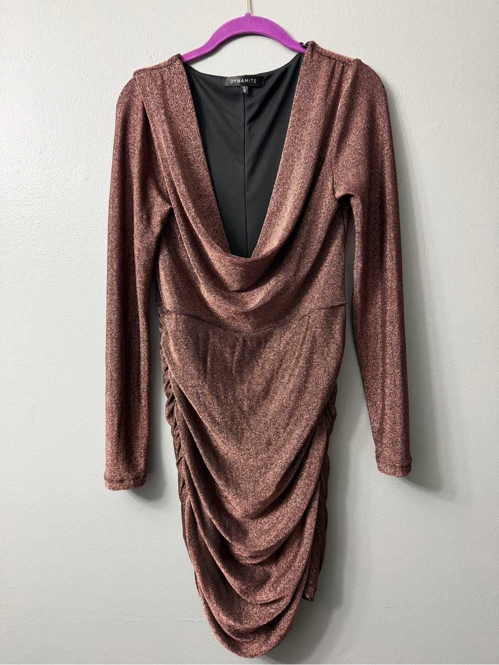 Dynamite sparkly rose gold ruched cowl neck mini dress. Medium